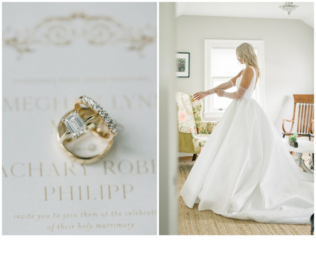 A set of three diamond wedding rings are pictured atop a white and gold wedding invitation.  A bride is pictured putting on her tulle white wedding gloves while standing in her wedding gown.