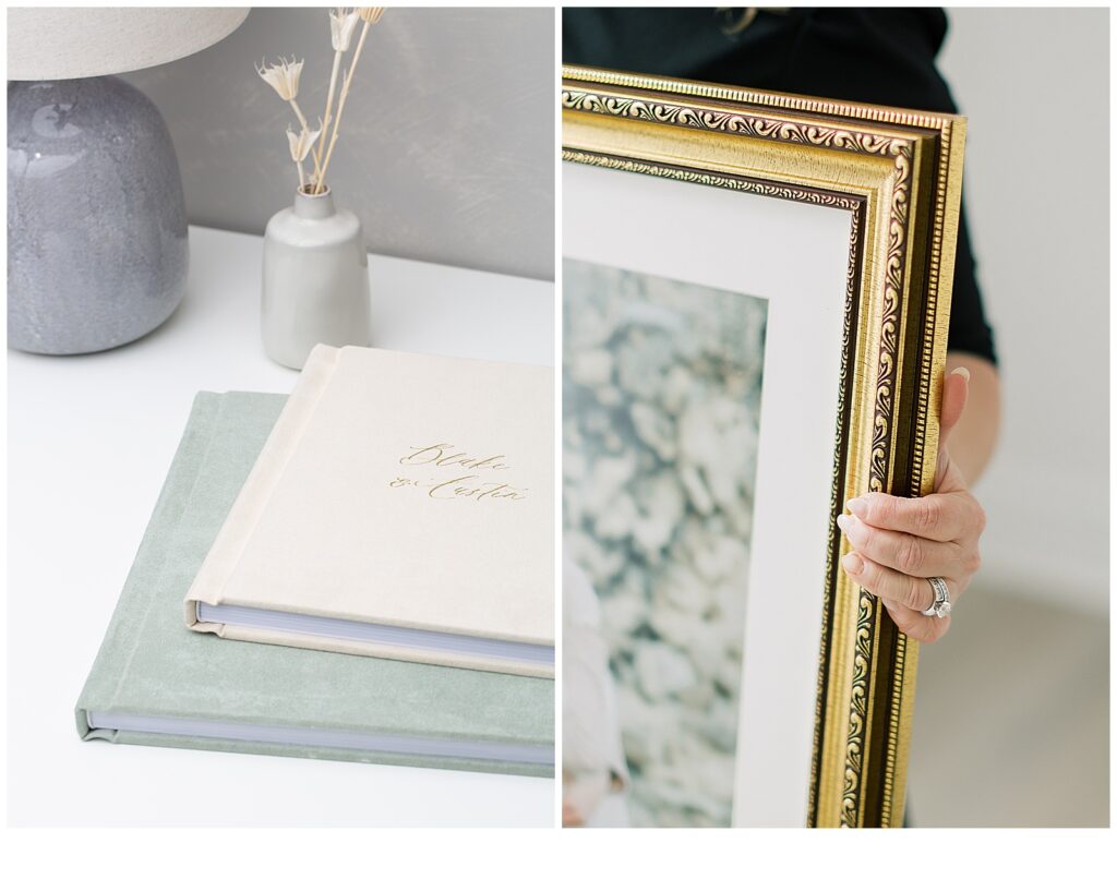 A photo on the left shows custom linen-covered wedding albums placed on an accent table. A photo on the right is a close up of a large custom gold ornate frame with a photo print surrounded by a white mat.