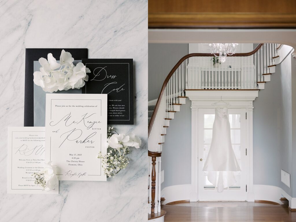 A flatlay of the couple's wedding invitation next to the bride's wedding dress hanging in the foyer of The Christy House in Fremont, Ohio