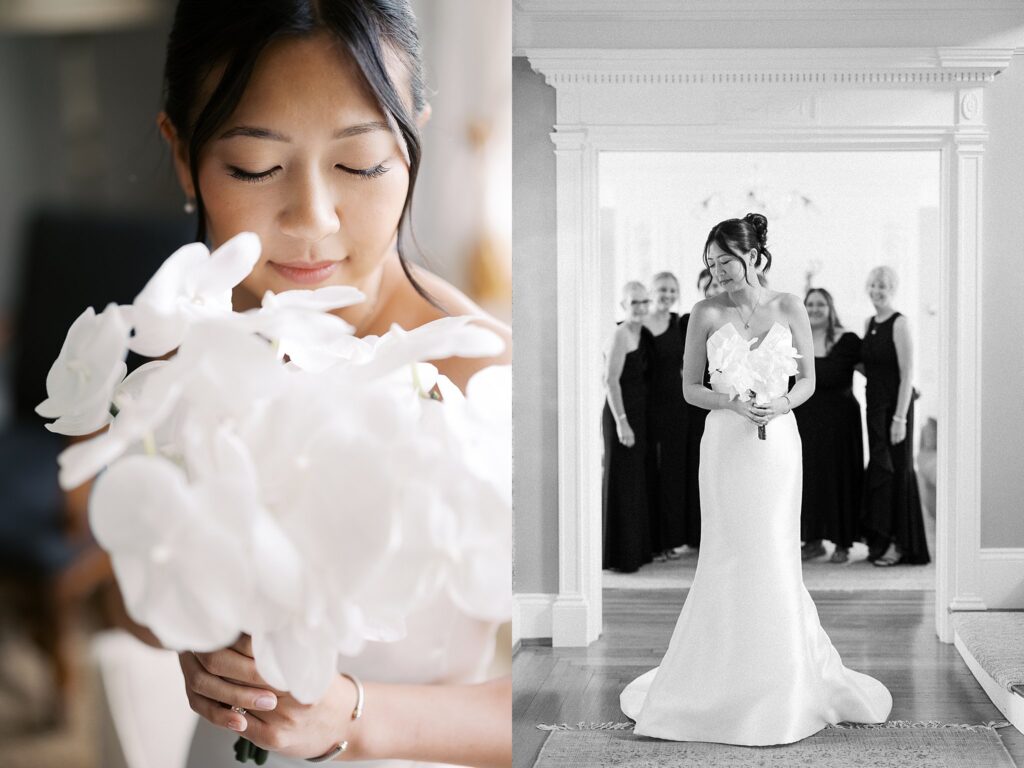 The bride holds her bouquet while the bridal party looks on at The Christy House in Fremont, Ohio