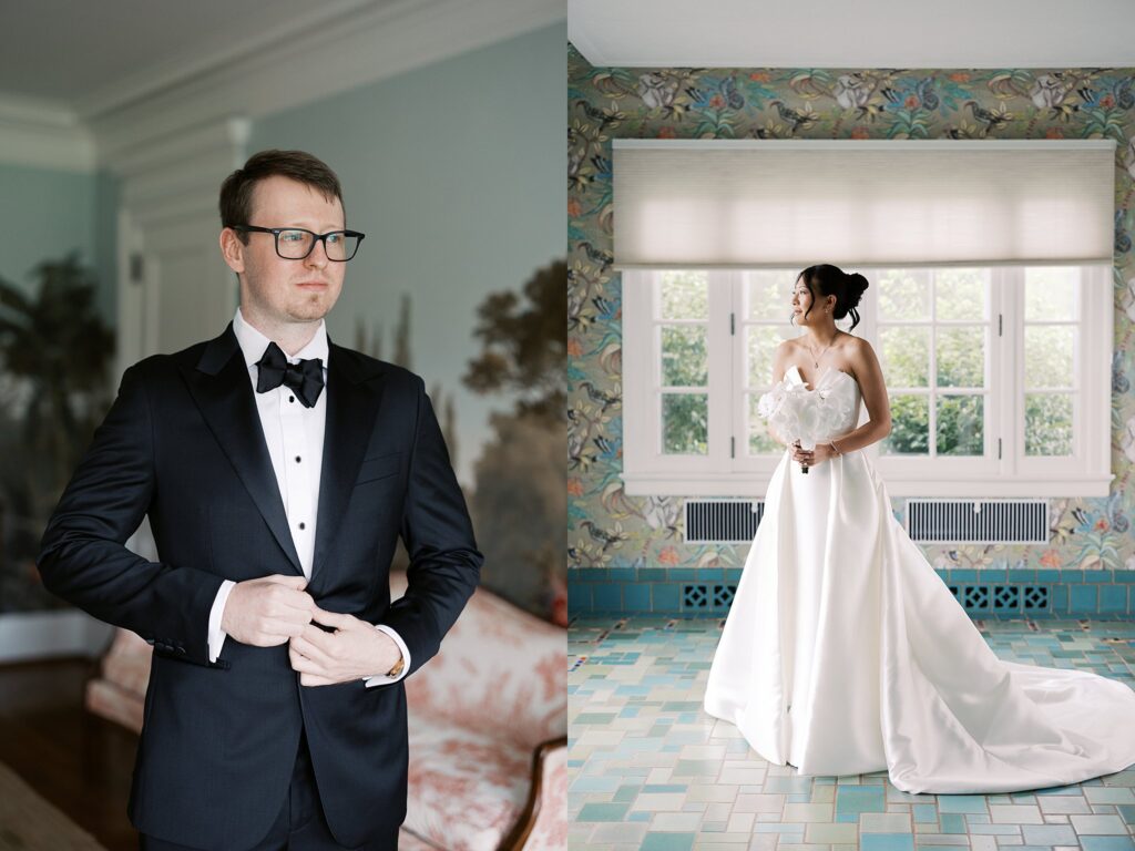 The groom puts on his jacket in front of a mural in the dining room while the bride looks on from the solarium at The Christy House in Fremont, Ohio