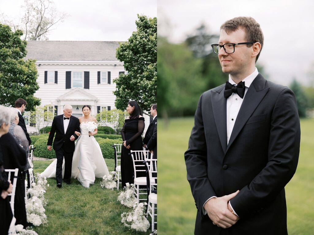 The bride walks down the aisle on the lawn at The Christy House in Fremont, Ohio