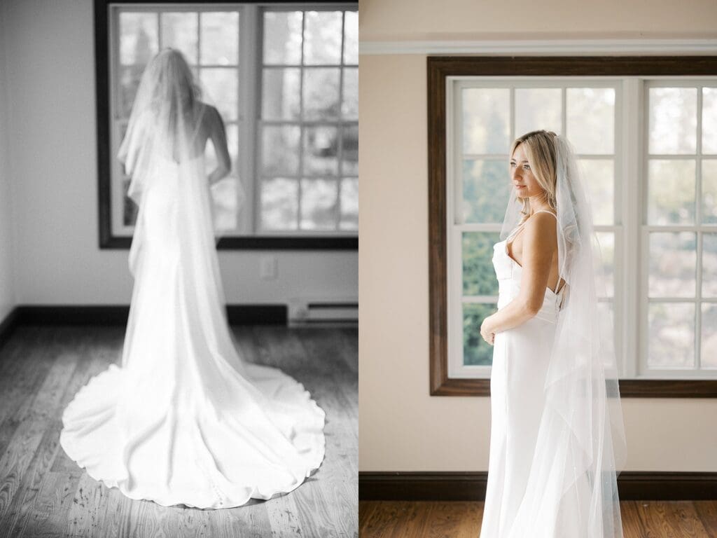 Bride getting ready in bridal suite for fall wedding at Gideon Owen