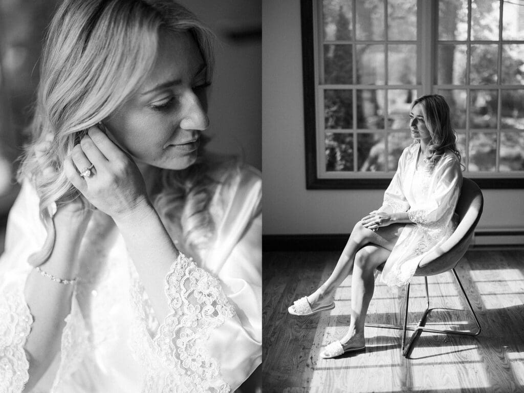 Black and white images of bride getting ready for fall wedding at Gideon Owen
