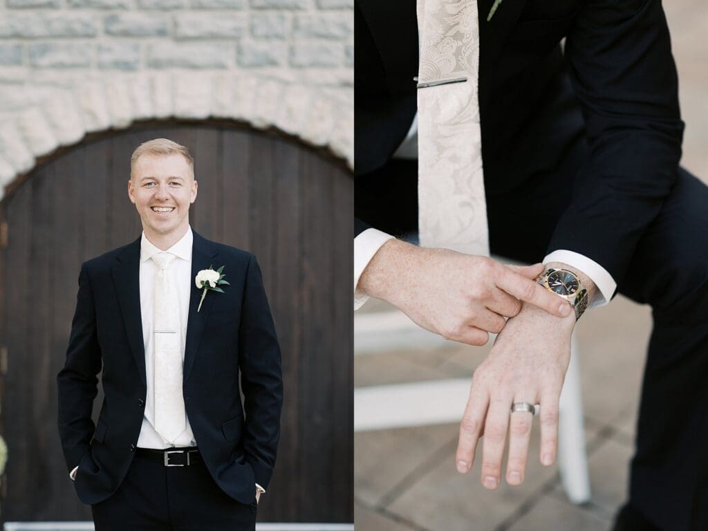 Groom in front of cellar doors for fall wedding at Gideon Owen Wine Company