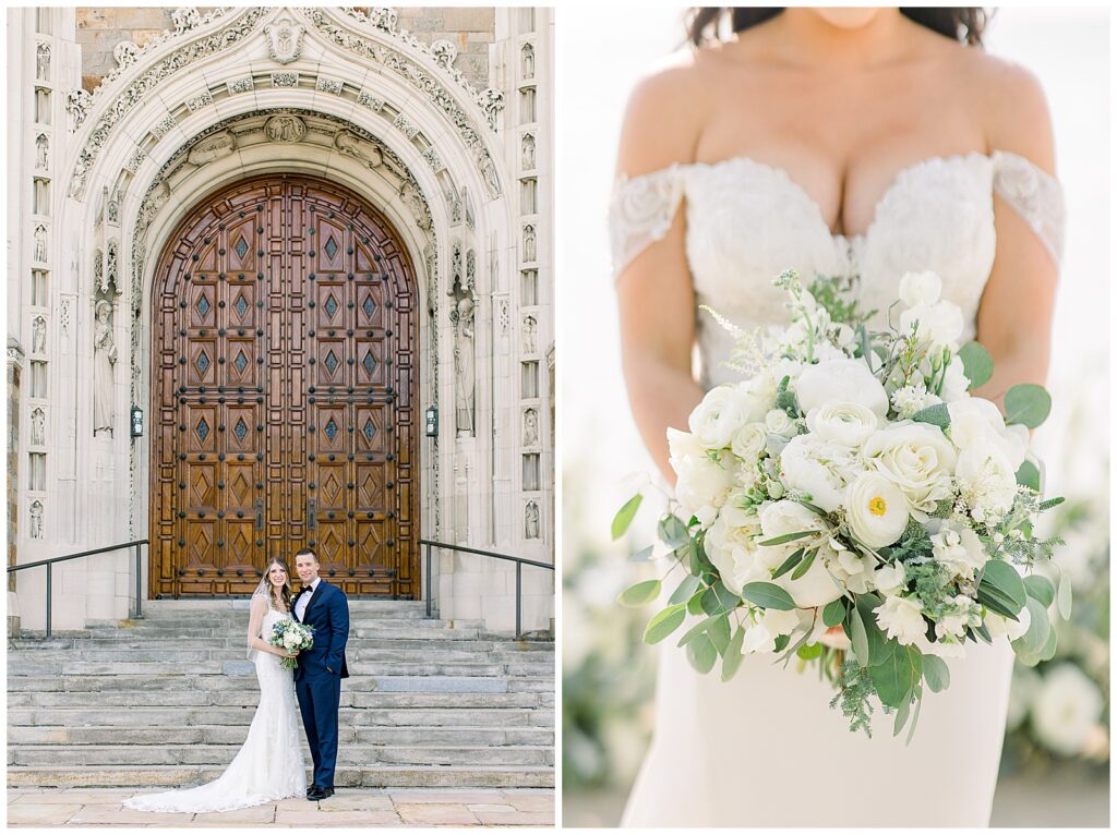 A bride and groom stand for a portrait in front of the Holy Rosary Cathedral in Toledo, Ohio. A bride in her wedding gown holds her bouquet with sage colored greenery and white florals.